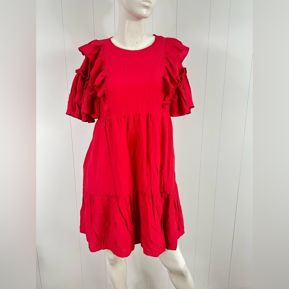 NWT Who What Wear Women Sz M Red Short Sleeves Ruffle Mini Dress Side Pockets
